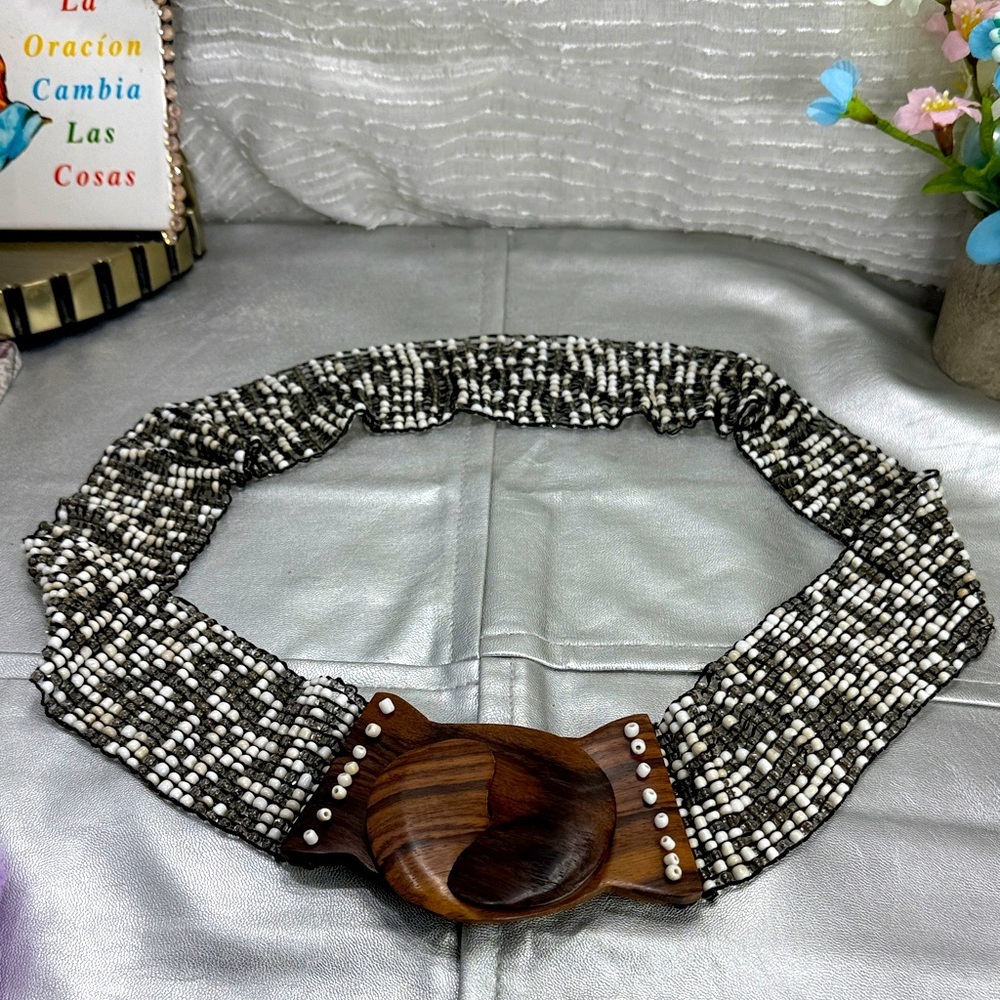 (H) Women's Vintage Beaded Elastic Belt with Wooden Buckle,Retro Style,Plus Size